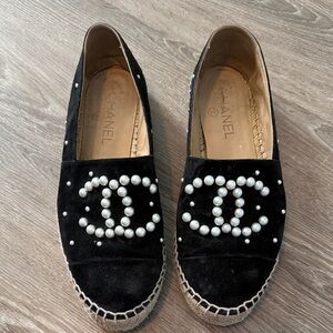 CHANEL Black Espadrilles with Pearl Detail